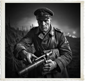 a cinematic photo of a British Sergeant with a stern expression and worn leather pouch, pulling out a pistol with an unusually large barrel, set against a dark and misty Great War nocturnal backdrop, with the sergeant dressed in a mud-stained trench coat and helmet, the pistol and pouch worn and weathered, the scene illuminated only by faint moonlight and distant artillery flashes, captured in a dramatic and gritty photography style with deep shadows and strong contrast.