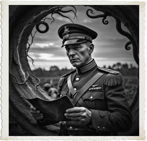 a cinematic photo of a British colonel with a stern expression, wearing a intricately detailed World War I uniform, complete with brass buttons, epaulets, and a peaked cap, accepting a worn leather letter from a swirling demonic portal that appears to be emitting a faint eerie glow, with the colonel's facial features etched in concern and the portal's dark tendrils curling around the letter's edge, set against a backdrop of a war-torn battlefield at dusk, with muted earthy colors and deep shadows, in a dramatic and ominous photography style.