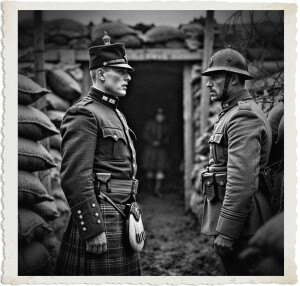 a cinematic photo of a British Soldier wearing a traditional Scottish kilt with tartan patterns and a Brodie helmet with a chin strap, is speaking to a sentry who stands at attention by the entrance leading into a dugout with sandbags and wooden beams, the setting and clothing are appropriate for 1914 in No Man's Land with muddy terrain and barbed wire, the soldier has a serious expression with a strong jawline and a pale skin tone, the sentry has a firm gaze with a rugged facial feature and a medium skin tone, the photography style is in color with a warm tone and a shallow depth of field, the focus is on the soldier and the sentry with the blurred background of the dugout and the battle-scarred landscape.