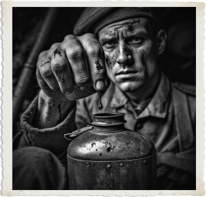 a cinematic photo of a soldier's bleeding finger with a single drop of blood falling into a worn, metal canteen, set in a dimly lit, rustic dugout with earthy tones and worn clothing, reminiscent of the Great War era, with the soldier's worn, fatigued face in the background, having a rugged, weary expression, and a mix of dusty, muted colors such as beige, brown, and grey, with a shallow depth of field, focusing attention on the bleeding finger and the canteen, in a photography style that conveys a sense of grittiness and realism.