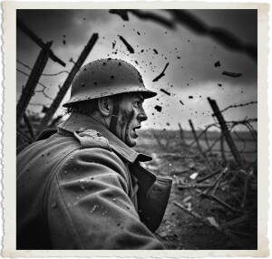 a cinematic photograph of the side view of a British officer in a worn trench coat and helmet, getting pushed back by a powerful gale, his face twisted in struggle, with loose debris, including shattered wood and torn fabric, flying through the air, shot taken in a desolate no man's land during the Great War, with a gloomy grey sky and destroyed barbed wire fencing in the background, the officer's facial features etched with concern, his skin pale and dirty, his eyes narrowed against the wind, and his hair disheveled, captured in a dramatic and intense moment, with a shallow depth of field, emphasizing the officer's desperate struggle against the fierce gale.