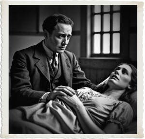 a cinematic photo of a man with a gentle face, sad eyes, and a weary expression, sitting at the bedside holding the fragile hand of his wife, who is lying weak and dying from consumption, her skin pale and clammy, her eyes sunken, in a dimly lit room with a single window in the background, the year is 1910, the photography style is in a melancholic and nostalgic tone, with a warm and muted color palette, the man's attire is formal, with a suit and tie, while his wife is dressed in a simple yet elegant nightgown, the overall mood is somber and heartbreaking, with a focus on the emotional connection between the couple.