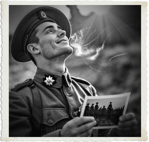 British sergeant looks up at the warm sun as a breeze blows over his cheeks. He has a light smile, eyes closed, while holding the picture in his hands. Scene and clothing appropriate to the Western Front in the Great War.