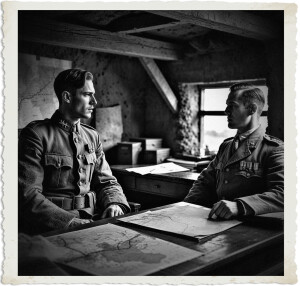 a cinematic photograph of a British Sergeant in his late twenties with a strong jawline and worn expression, dressed in a muddy and worn British army uniform, is having a serious conversation with a British Colonel in his late twenties with a stern face and piercing eyes, also dressed in a British army uniform, albeit cleaner and more formal, in a dimly lit office crammed into a dugout with wooden beams and muddy walls, the atmosphere tense and solemn, with maps and military documents scattered across a wooden desk, the clothing and location meticulously detailed to the Great War era, captured in a realistic and dramatic photography style with muted earthy colors and deep shadows.