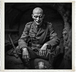 a cinematic photograph of a British colonel in his late twenties with a pale complexion and sharp facial features, showing his elongated fangs while sitting in a cramped and dimly lit dugout with earthy walls and a low ceiling, wearing a worn and dusty British Army uniform with a crimson sash and a pair of muddy boots, his eyes gleaming with a hint of supernatural intensity, set against the bleak and barren backdrop of a World War I battlefield, with a faint glow of candlelight illuminating his face, captured in a realistic and haunting style, with muted colors and deep shadows, emphasizing the contrast between the darkness of the dugout and the eerie glow of the colonel's eyes.