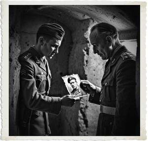 a cinematic photograph of a British sergeant with a stern expression and worn uniform tries to hand a faded black and white picture back to a Colonel with a rugged face and tired eyes, the Colonel's face illuminated by a faint light in the cramped and dimly lit bunker, the walls made of cold concrete and the air thick with tension, the sergeant's clothing and the setting are reminiscent of the Great War era, with earthy tones and muted colors, the photography style is dramatic and intense, capturing the gravity of the moment, the black and white picture in the sergeant's hand is worn and creased, with a few tears and scratches, the Colonel's eyes are fixed on the picture, his face a mixture of sadness and nostalgia.