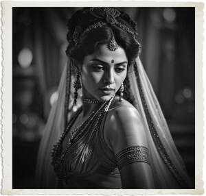 a cinematic photograph of Mata Hari performing on stage in 1915, captured in a detailed and dramatic style, with soft focus and warm lighting, showcasing her exotic costume and expressive facial features, her skin a radiant olive tone, her dark hair adorned with intricate accessories, her eyes cast downward with a hint of mystery, the background a blurry blend of luxurious fabrics and dimly lit theater decor, the overall mood evocative of a bygone era of opulence and mystique, with a dominant color palette of rich jewel tones and deep shadows, the photography style reminiscent of early 20th-century portraiture, with a sense of nostalgia and timelessness.