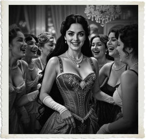 a cinematic photo of a woman with long black hair and piercing green eyes wearing a luxurious formal gown with intricate embroidery and pearls, surrounded by several women in various states of undress, some in corsets and stockings, others in slips and camisoles, all appearing to be having a lavish party in a opulently decorated room with plush furnishings and crystal chandeliers, the atmosphere is one of joy and abandon, with women laughing and dancing together, the clothing and background are reminiscent of the Edwardian era, circa 1915, with a warm and intimate glow, the photography style is highly detailed and reminiscent of classic Hollywood cinema.