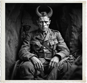 a cinematic photograph of a British colonel in his late twenties with distinctive horns protruding from his forehead and a long tail draped behind him sits in a cramped and dimly lit dugout with earthen walls and a low wooden ceiling, wearing a worn and tattered British Army uniform complete with a dusty helmet and faded insignia, surrounded by the remnants of war, with a serious expression on his pale skin and piercing blue eyes, set against the bleak backdrop of the Great War, captured in a gritty and realistic photography style with muted earthy colors and deep shadows.