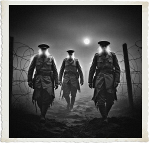 a cinematic photograph of two or three translucent ghosts of soldiers wandering through a desolate no man's land at night with thick fog hanging in the air, their tattered and worn World War I uniforms clinging to their ethereal bodies, the barbed wire and cratered terrain of the battlefield shrouded in darkness, the only light coming from a faint moon hidden behind the fog, casting an eerie glow on the scene, the ghosts' facial features barely visible, their skin a pale, ghostly gray, their eyes black voids, their presence haunting and mournful, the photography style dramatic and eerie, with deep shadows and muted colors, the overall mood somber and melancholic.