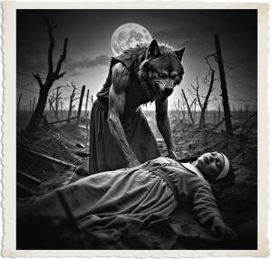a cinematic nighttime photo of a ferocious Werewolf looming ominously over the lifeless body of a nun, her habit torn and her face frozen in a mixture of fear and peace, set amidst the desolate and war-torn landscape of no man's land during the Great War, with shattered trees, ruined barbed wire, and exploded trenches stretching out into the darkness, the only light coming from a faint, eerie moon overhead, casting long, ominous shadows across the scene, in a haunting, high-contrast black and white photography style.