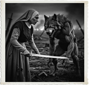 a cinematic photograph of a determined nun with a resolute expression, pale skin, and a habit torn in places, wielding a polished silver sword, faces off against a ferocious werewolf with sharp claws and glowing yellow eyes, set amidst the desolate and ruined landscape of no man's land during the Great War, under a dark and foreboding night sky, with the faint glow of artillery fire illuminating the horizon, the nun's sword at the ready, her eyes fixed intently on the snarling werewolf, as the two enemies engage in a fierce standoff, captured in a dramatic and intense photographic style.