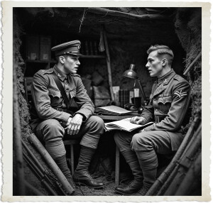 A British Sergeant in his late twenties is having a conversation with a British Colonel in his late twenties in an office crammed into a dugout.  Colonel asks a question that makes the sergeant think. Clothing and location appropriate to the Great War.