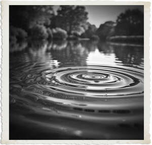 a cinematic photograph of a serene still pond with a light breeze gently rolling over its surface, leaving behind intricate and delicate ripples that distort the perfect reflection of the surrounding lush green trees and clear blue sky, with the warm sunlight casting a golden glow on the scene, and the camera capturing the moment in a shallow depth of field, with the focal point on the ripples, and a subtle gradient of blues and greens in the background, evoking a sense of tranquility and peace.