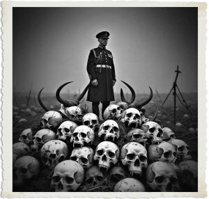 British colonel is standing on a pile of skulls with horns and sharp teeth, and the colonel does not appear to have a scratch on him. Located in no mans land in the dead of night with fog, scene and clothing appropriate for the great war.