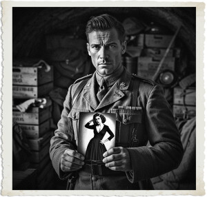 a cinematic photograph of a British colonel with a strong jawline and piercing blue eyes, wearing a worn, earth-toned military uniform, holding a faded black and white photograph of a woman with curly brown hair and a sly smile, posing provocatively in a long, dark dress, located inside a dimly lit, cluttered dugout office with wooden crates and military gear, the scene and clothing appropriate for the Great War era, with a mix of warm, golden lighting and cool, dark shadows, the photography style is gritty and realistic, with a shallow depth of field, focusing attention on the colonel's rugged face and the photograph in his hand.