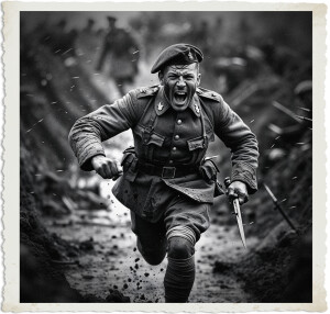 a cinematic black and white photo of a British Sergeant with a determined facial expression, sweaty skin, and a mix of fear and fury in his eyes, running towards the enemy while screaming at the top of his lungs, armed with only a shiny bayonet, under intense fire with bullets whizzing past him, wearing a worn and muddy British Army uniform, puttee leg wraps, and a Brodie helmet, set amidst the devastated and muddy trenches of the Western Front during the Great War, with a blurred background to convey a sense of chaos and motion, captured through a gritty and realistic photography style.
