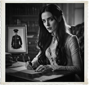 a cinematic photo of a woman with long black hair and piercing green eyes, sitting at a vintage wooden desk writing a letter with a fountain pen, her facial expression contemplative and nostalgic, her skin a soft porcelain complexion, on the writing desk there's a framed black and white picture of a soldier in uniform, the scene is set in 1915, with a warm golden light casting a glow on the woman's face, the photography style is reminiscent of old film noir, with deep shadows and high contrast, the woman's attire is a long elegant dress with intricate lace details, and the background is a blurred rendition of a cozy study with old books and leather armchairs.