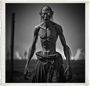 Tall and lanky creature with ashen skin, glowing orange eyes, long hooked nose, no hair. Humanoid but does not have the proportions of a human, wears shambling clothing.  Located in no mans land during the Great War at night.
