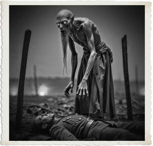 Tall and lanky creature with ashen skin, glowing orange eyes, long hooked nose, no hair. Humanoid but does not have the proportions of a human, wears outdated funerary clothing. Creature looms over a dead soldier. Located in no mans land during the Great War at night.