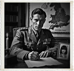 a cinematic black and white photo of a British colonel in his late twenties with a strong jawline and piercing blue eyes sitting at a worn wooden desk writing a letter with a fountain pen, his uniform adorned with medals and a pocket watch chain, on the writing desk there's a framed picture of a black haired woman with bright green eyes and a gentle smile, the room is dimly lit with a single candle flame casting a warm glow, the walls are lined with old bookshelves and a large map of the western front, the period is 1915 and the atmosphere is one of melancholy and longing, the photography style is reminiscent of old film noir.