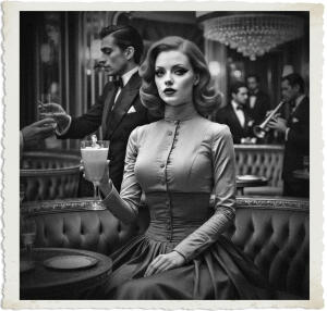 a surreal and vibrant cinematic photo of a redhead woman with pale skin and an exaggerated hourglass shape, wearing a long-sleeved high-neckline utilitarian dress with a full skirt, ordering another drink from a waiter, seated at a luxurious velvet booth in a lavish art deco club with intricate gold details, crystal chandeliers, and a live jazz band playing in the background, setting and clothing appropriate for 1915, with a photorealistic style, subtle film grain, and bold vivid colors, her bright red hair styled in loose waves, her facial features accentuated by dramatic eyeliner and bold red lipstick.