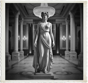 a surreal and vibrant cinematic photo of the Statue of Artemis in Greco-Roman style standing in the centre of a lavish art-deco inspired ballroom with intricate golden details and soft cream-colored marble floors, surrounded by ornate pillars and a grand crystal chandelier, the statue adorned in flowing white robes with delicate drapery, set against a backdrop of warm earthy tones and rich jewel-inspired colors, with subtle film grain and a sense of photorealistic depth, the Overall atmosphere is one of opulence and mystique, with the statue's facial features serene and enigmatic, and the setting evoking the luxury and glamour of 1915.