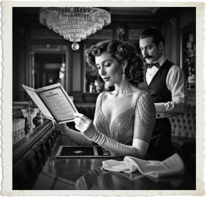 a cinematic photo of a woman with curled brown hair and fair skin wearing a formal beaded gown and long white gloves sitting at a long wooden bar with ornate carvings in a luxurious setting reminiscent of 1915, reading a leather-bound menu by the soft glow of a crystal chandelier as the bartender, a man with a well-groomed mustache and a white apron, polishes a delicate glass with a white cloth, with rich wooden paneling and plush red upholstery in the background, captured in a warm and intimate photography style with earthy tones and soft lighting.