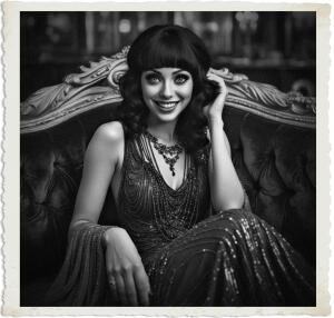 a surreal and vibrant cinematic photo of a black haired, green eyed beauty with a big wide smile and sharp facial features, as though she is about to cause mischief, her skin has a warm golden undertone, seated at a luxurious velvet booth in a lavish club with intricate gold accents and dim lighting, wearing a long, flowing, beaded flapper dress in shades of emerald green and ruby red, her hair styled in loose waves, setting and clothing appropriate for 1915, captured in a photorealistic style with film grain, emphasizing the subject's playful and mysterious aura.