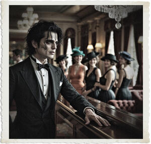 a surreal and vibrant cinematic photo of a man with pale skin and greasy black hair, dressed in a tailored black tuxedo with a white shirt and black bow tie, standing behind a polished wooden bar staring at women with elegant hats and dresses chatting in the distance, located in a lavish lounge with intricate chandeliers and plush red armchairs, clothing and setting appropriate for 1915, with a photorealistic style, film grain texture, and a color palette that blends warm and cool tones, capturing the essence of a bygone era.