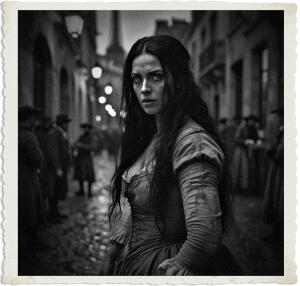a cinematic photo of a poorly dressed courtesan with long black hair and piercing green eyes standing on a dimly lit street in a bad neighbourhood of Paris in 1645 at night, dressed in tattered clothing, with a mixture of dirt and determination on her face, soliciting men on the street, with a faint glow of lanterns and candles illuminating the dark alleyways, the Eiffel Tower not yet built, with old medieval buildings looming in the background, the atmosphere is tense and foreboding, captured in a photography style reminiscent of a 17th century oil painting, with muted earthy tones and deep shadows, the courtesan's facial features are defined by high cheekbones, a small nose, and a resolute expression, her skin is pale with a subtle sheen of sweat, as she navigates the treacherous streets of 17th century Paris.