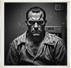a cinematic photo of a prison mugshot of a hardened criminal with a stern expression, dressed in worn and tattered clothing, set against a dull gray background, with a wooden chair and a numerical identification plaque, in a style reminiscent of 1915 Canada, with a sepia-toned aesthetic, and a sense of grit and realism, the criminal's facial features are rugged with a strong jawline, piercing eyes, and a distinctive scar above his left eyebrow, his skin is pale with a hint of stubble, the overall mood is somber and ominous, the photography style is formal and straightforward, with a shallow depth of field, and a slight grain to the image, capturing the harsh realities of crime and punishment in early 20th century Canada.