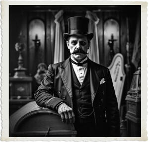 a cinematic photograph of a 1915 Canadian dime store undertaker, dressed in a long, black, three-piece suit with a white shirt, black tie, and a top hat, standing beside a wooden coffin, surrounded by old funeral props and dimly lit by soft, warm, golden lighting, with a backdrop of dark, wooden paneling and vintage, mournful artifacts, the undertaker's facial features are somber, with a gaunt face, pale skin, and a well-groomed, thick, black mustache, the overall atmosphere is melancholic and nostalgic, captured in a sepia-toned, film-like aesthetic, with deep shadows and subtle, grainy textures, evoking a sense of nostalgia and history.