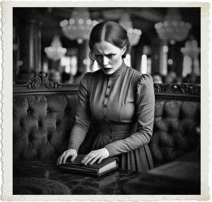 a cinematic photo of a redhead woman with pale skin and delicate features, wearing a high-necked, long-sleeved utilitarian dress in a muted brown color, with a look of disgust on her face, putting down a worn leather Notebook, while sitting in a plush, velvet-upholstered booth, adorned with intricate carvings, in a lavish lounge with ornate chandeliers, marble floors, and richly patterned rugs, the atmosphere is one of opulence and refinement, typical of 1915, with warm, soft lighting, and a shallow depth of field, to emphasize the subject, in a photographic style reminiscent of the early 20th century.