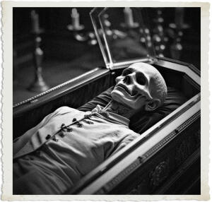 a cinematic photo of a Pre-victorian era corpse embalmed and laid to rest in an ornate coffin with a crystal glass top, showcasing the deceased in a state of serene repose, with soft, muted lighting, and a shallow depth of field, emphasizing the coffin's intricate carvings and the crystal's clarity, in a style reminiscent of 19th-century photography, with earthy tones and subtle textures, and a sense of melancholic nostalgia, the corpse's face is pale and gaunt, with sunken eyes and a faint, enigmatic smile, while the coffin's interior is lined with luxurious velvet, in a rich, dark color, and the crystal top reflects the faint glow of candelabras in the background, creating an atmosphere of mournful reverence.