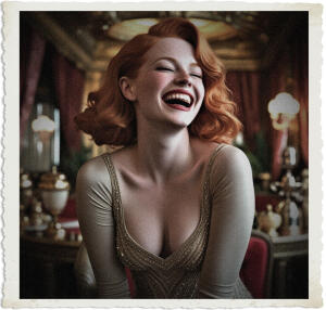 a surreal and vibrant cinematic photo of a redhead woman with pale skin and an exaggerated hourglass shape, laughing to the point of her cheeks turning bright red, revealing a subtle smattering of light freckles across her nose, set against the opulent backdrop of a lavish club adorned with intricate gold fixtures, plush velvet drapes, and soft, warm lighting, with her clothing, a fitted, long-sleeved, beaded flapper dress, and the setting, complete with antique furniture and vintage artifacts, all carefully crafted to evoke the glamour and sophistication of 1915, captured in a photorealistic style with a distinct film grain texture, emphasizing the dreamlike quality of the scene.