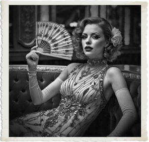 a surreal and vibrant cinematic photo of a redhead woman with pale skin and an exaggerated hourglass figure fanning herself with a decorated silk fan as she's too hot, seated at a luxurious velvet booth in a lavish club with intricate golden details and dim red lighting, wearing a beaded and embroidered flapper dress with a high neckline and long white gloves, her curly red hair styled in loose waves, her bright green eyes accentuated with thick eyeliner and her full lips painted a deep crimson, surrounded by the opulent club decor of 1915, captured in a photorealistic style with a cinematic film grain effect and vibrant colors.