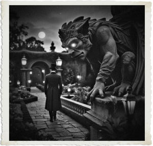 a cinematic photograph of a gargoyle perched atop a weathered stone wall, its glowing eyes fixed intently on a figure walking by in a lavish Victorian garden at night, the figure dressed in formal attire suitable for 1915, including a long coat and top hat, with the garden's intricate pathways and vibrant flowers illuminated by soft moonlight and the faint glow of lanterns, the gargoyle's head turned downwards, its stone features illuminated by the faint light, with a sense of foreboding and mystery, captured in a photography style reminiscent of the early 20th century, with deep shadows and rich textures.