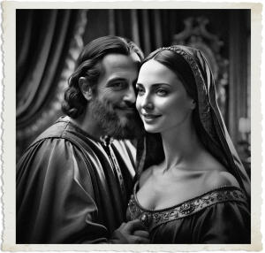a surreal and vibrant cinematic photo of a historical shot of Leonardo Da Vinci with a gentle and knowing expression whispering something in the ear of the Mona Lisa, causing her to smile enigmatically, set in a period appropriate Renaissance-style studio with a backdrop of rich velvet drapes, ornate furnishings and soft golden lighting, rendered in a photorealistic style with subtle film grain, capturing the essence of a bygone era with precise details, including the intricate folds of their clothing and the delicate features of the Mona Lisa's face, with a color palette that blends muted earth tones with touches of warm golden light.