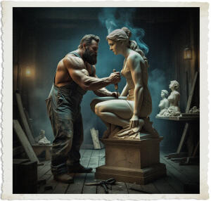 a surreal and vibrant cinematic photo of a burly man with a rugged beard and pronounced facial features, wearing worn overalls and having bare muscular arms, carving a life-sized statue of a woman with delicate features and intricate details in a dark and smoky space with a hint of mist, the walls and floor made of old wooden planks, dimly lit by a few flickering lanterns, with tools and half-finished sculptures scattered around, the atmosphere is intense and dramatic, the clothing and setting are reminiscent of 1915, the image is rendered in a photorealistic style with a film grain texture, evoking a sense of nostalgia and timelessness.