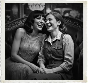 a cinematic photo of a black haired beauty with piercing green eyes and a flowing beaded evening gown, laughing joyfully alongside a redhead with a bright smile and a utilitarian dress, who is seated at a luxurious wooden booth adorned with velvet cushions, located in a lavish lounge with intricate chandeliers and ornate details, the atmosphere is elegant and refined, clothing and setting are reminiscent of 1915, the photography style is warm and intimate, capturing the genuine moment of friendship and camaraderie between the two women.