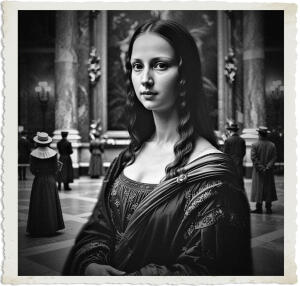 a surreal and vibrant cinematic photo of the Actual portrait of the Mona Lisa by da Vinci, a portrait half the height of a man, hanging in the grand louvre museum, with patrons dressed in attire suitable for 1915, including long coats, hats, and gloves, set against a backdrop of ornate marble floors and walls, with soft film grain, and a photorealistic style, capturing the subtle smile of the Mona Lisa, with her gaze directed slightly off-center, her skin a smooth, creamy complexion, and her clothing a intricate, Renaissance-style dress, all within a warm, golden lighting, that accentuates the vibrant colors of the painting, and the muted tones of the museum's interior.