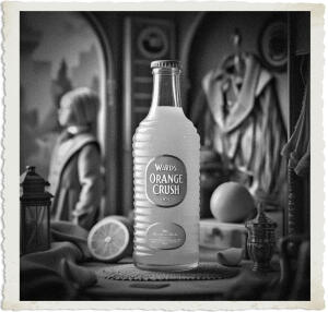 a cinematic photo of Wards Orange Crush, a vibrant orange drink in a clear glass bottle with a distinctive ribbed body, set against a nostalgic 1915 backdrop, with clothing and scenery reminiscent of the era, including intricate details such as old-fashioned clothing, vintage accessories, and a classic setting, captured through the lens of photography with a warm and inviting aesthetic, incorporating earthy tones, soft lighting, and a shallow depth of field to emphasize the subject, with the bottle positioned centrally, surrounded by subtle textures and muted colors, evoking a sense of nostalgia and timeless charm.