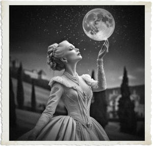 a cinematic photo of a woman with delicate facial features and pale skin wearing a lavish formal gown adorned with intricate lace and pearls, plucking the full moon from a dark sky filled with stars, set against a scenic backdrop of a rolling hill with tall trees and a grand estate in the distance, all in a style reminiscent of 1915, captured in a dreamy photography style with soft focus and warm lighting, the woman's gown is a soft ivory color and her hair is styled in an updo with loose strands framing her face, the overall mood is one of enchantment and wonder.