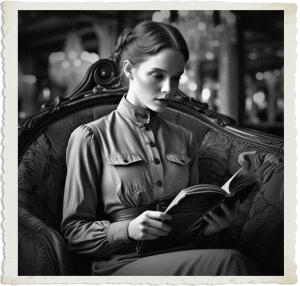 a cinematic photo of a redhead woman with pale skin and delicate features, wearing a utilitarian dress with a high collar and long sleeves, reading from a worn leather notebook, while sitting in a plush velvet booth with intricate wooden carvings, located in a lavish lounge with ornate chandeliers and richly patterned carpets, the atmosphere is sophisticated and elegant, with soft golden lighting, the woman's dress and the setting are reminiscent of 1915, with a mix of art nouveau and Edwardian styles, the overall mood is one of quiet contemplation and refinement, in a warm and inviting color palette, with earthy tones and rich textures, photography.