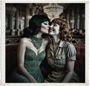 a cinematic photo of a black haired beauty with piercing green eyes and a flowing beaded evening gown, kissing a redhead with a bright smile and a utilitarian dress, who is seated at a luxurious wooden booth adorned with velvet cushions, located in a lavish lounge with intricate chandeliers and ornate details, the atmosphere is elegant and refined, clothing and setting are reminiscent of 1915, the photography style is warm and intimate, capturing the genuine moment of friendship and camaraderie between the two women.