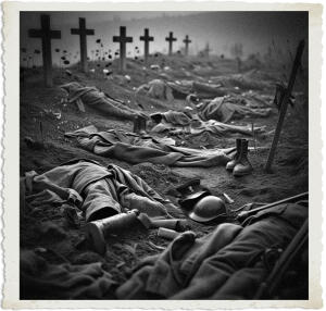 a cinematic black and white photo of a mass grave of war dead from the Great War, with worn and tattered clothing scattered around, set amidst a desolate and barren landscape, with makeshift wooden crosses and faded poppies, in a somber and mournful atmosphere, with a shallow depth of field, and a low-angle shot, highlighting the vastness of the grave, with a few scattered personal belongings, such as old boots, helmets, and rifles, photography style reminiscent of the early 20th century, with a focus on the textures of the wooden crosses, the earth, and the worn clothing, and a sense of reverence and respect for the fallen soldiers, with a hint of mist or fog in the background, to convey the sense of loss and tragedy.