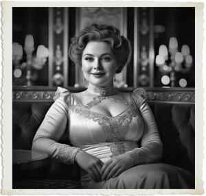 a cinematic photo of a plump woman with vibrant fiery red hair and pale skin sitting alone at a luxurious velvet-covered booth in a lavish lounge, adorned with intricate golden patterns and dimly lit by soft candelabras, her facial features accentuated by a subtle smile and bright hazel eyes, wearing a long-sleeved elegant gown with a high neckline and intricate lace details, appropriate for 1915, set against a warm and opulent backdrop with rich wooden accents and lavish furnishings, captured through a photography lens with a shallow depth of field, emphasizing the subject's striking features and the luxurious surroundings.