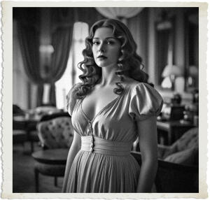 Her hair was as red as fire while her bare skin was milky white. Everything was in the right place and beautifully shaped as though engineered. Plentiful bosun’s, large hips, and an exaggerated hourglass shape. Wearing a simple dress, in a lavish lounge. Clothing and setting appropriate for 1915.