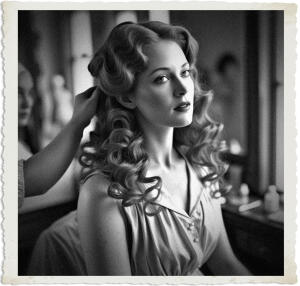 Her hair was as red as fire while her bare skin was milky white. Everything was in the right place and beautifully shaped as though engineered. Plentiful bosun’s, large hips, and an exaggerated hourglass shape. Wearing a simple dress, at a beauty salon getting her hair done. Clothing and setting appropriate for 1915.
